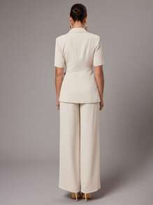 Silquee 女士纯色斑驳翻领短袖西装外套和裤子两件套 - 杏色 - 查看 2