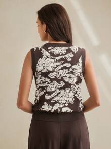 Anewsta Women Floral Pattern Round Neck Casual Knit Sweater Vest - Coffee Brown - View 3
