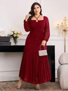Modelyn Plus Size Elegant Plain Color Ruched Extra Long Dress - Burgundy - View 6