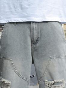 Manfinity EMRG 男士口袋做旧毛边宽松牛仔百慕大短裤 男士做旧牛仔短裤