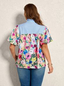 SHEIN LUNE Plus Size Women's Light Blue Summer Boho Vacation Holiday Striped Floral Patchwork Lace Collar Blouse,Lantem Sleeve Mushroom Collar Tops - Multicolor - View 2