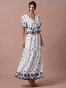 Enchnt Romantisches Set für Frühling/Sommer, weißes Oberteil mit Blumenstickerei-Print zum Binden vorne, Puffärmeln und Midirock für Damen, Urlaubsoutfit, süß und elegant für Geburtstage, Weihnachtsfeiern, süße Verabredungen, das tägliche Pendeln, Urlaub, Abschlussfeiern, Nachmittagstee und Gartenpartys, Sommeroutfits für Damen - Blau-Weiß - Übersicht 4