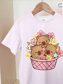 SHEIN 2pcs/Set Cute Pink Capybara Print White Summer Matching Outfit,Loose Short Sleeve T-Shirt And Shorts Set,Family Vacation Streetwear Kawaii Y2K Style - Multicolor - View 5