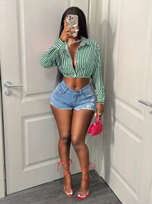 BamGleam 绿色条纹印花纽扣前短款性感长袖衬衫 - 綠色 - 查看 3