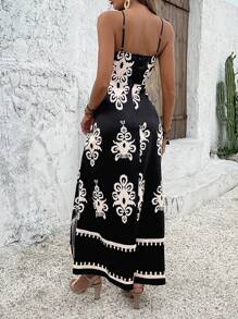 Breezaya 度假休闲细肩带开叉连衣裙，带有随机花卉图案，超长度假海滩装，女士