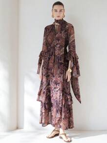 Aveloria Modichic Váy Boho Elegant Holiday tay bèo nhún viền quá khổ có dây thắt lưng - Nhiều màu - Xem 7