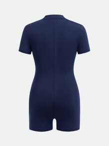 SHEIN Bộ đồ liền thân kéo khóa nửa khóa kéo cho bé gái tuổi teen, Quay lại trường, Đi chơi giải trí - Màu xanh hải quân - Xem 3