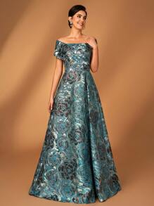 优雅奢华的织锦露肩保守 A 字裙，适合婚礼、派对、节日、舞会、晚礼服、新娘母亲 - 藏蓝色 - 查看 6