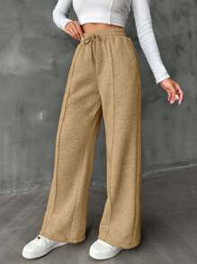 SHEIN Cottnline Damskie spodnie dresowe w jednolitym kolorze ze ściągaczem i prostymi nogawkami - Wielbłąd - Zobacz 5