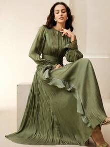Anewsta 女士长裙，深绿色闪亮面料，褶皱腰身，双荷叶边下摆泡泡袖长袖，优雅百搭连衣裙 - 橄欖綠 - 查看 4