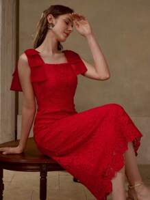 MOTF PREMIUM VÁY MIDI CỔ VUÔNG REN GUIPURE CÓ NƠ KHÔNG CÓ THẮT LƯNG - Đỏ - Xem 1