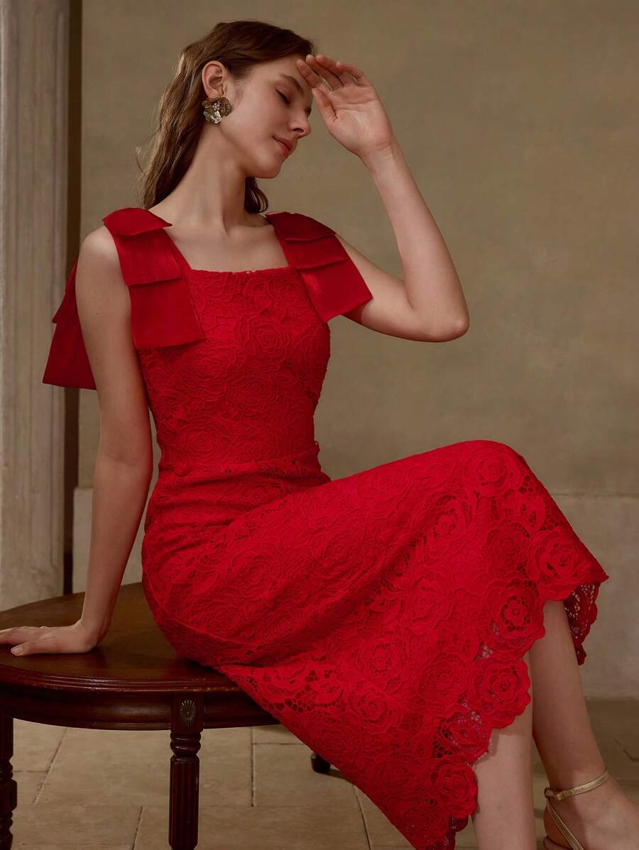 MOTF PREMIUM VÁY MIDI CỔ VUÔNG REN GUIPURE CÓ NƠ KHÔNG CÓ THẮT LƯNG - Đỏ - Xem 1