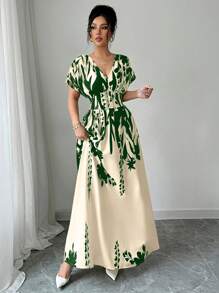 Elenzga V 领花卉束腰修身花卉印花长裙，适合春夏季女士穿着，优雅的春夏/秋冬季节，音乐会女装，优雅的晚礼服，适合日常、通勤、婚礼季/音乐节 - 綠色 - 查看 5