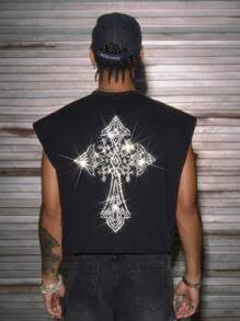 AXEPEAK Men's Round Neck Thermal Underwear Tank Top With Rhinestone Detail, 2000s Style, Fall/Winter - Black - View 2