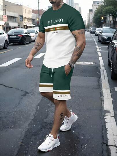 NEOREFINED Men's Summer Casual Contrast Color Patchwork Letter Print T-Shirt And Shorts Set