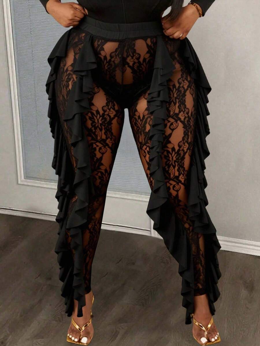 Maweii Damskie, duże rozmiary, ołówkowe spodnie z wysokim stanem i koronkową falbaną, prześwitujące, na wiosnę i jesień - Czarne - Zobacz 1