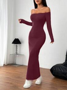 INAWLY 红色性感露肩高开衩长裙 - 酒紅色 - 查看 6