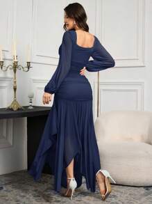 Modelyn 女士纯色褶皱方领优雅长袖连衣裙 - 藏蓝色 - 查看 2