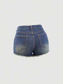 Girlism 千禧年春夏复古水洗低腰斜插口袋破洞水钻牛仔短裤，毛边裤脚，适合夏季海滩波西米亚风度假、夏季音乐会、音乐节、休闲派对、女生夏季早午餐、教堂毕业典礼、街头风、返校季等场合。 - 中等水洗藍 - 查看 2