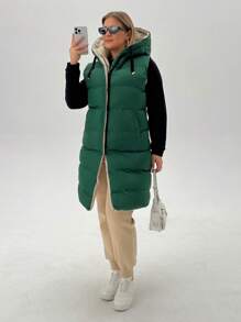 SHEIN Cottnline Plus Size Zip Up Drawstring Hooded Puffer Vest Coat - Green - View 4