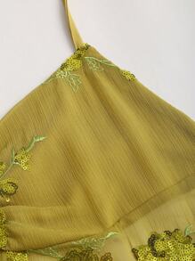 Glamine Glamine Damen glänzende Pailletten grüne sexy kurze Bluse, französischer V-Ausschnitt mit Brustfalten, pailletenverzierte Blumen, modische sexy Träger, schöner Rücken, Damen Top, geeignet für Sommerurlaub