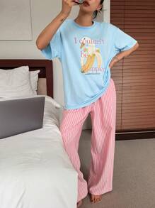 DAZY 女士两件套可爱字母图案T恤上衣和条纹睡裤睡衣 - 淺藍色 - 查看 3
