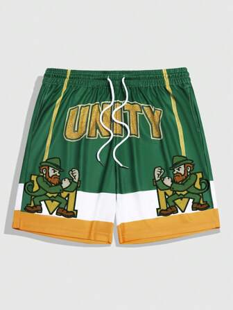 Prep Short à cordon de serrage taille avec imprimé de lettres et de dessins animés, contrastant, adapté pour l'été