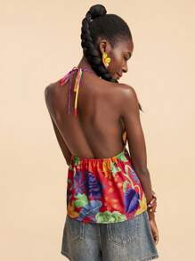 Travachic 女士印花系带腰身时尚露背吊带背心，适合度假、海滩度假、夏季等各种场合。 - 紅色 - 查看 2