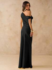 SHEIN BAE Váy xòe hở lưng không đối xứng màu vàng trơn gợi cảm mùa xuân hè, cổ khoét sâu hở lưng, thích hợp cho tiệc tùng, cocktail, những dịp trang trọng, váy phù dâu, váy ngắn sinh nhật - màu đen - Xem 2