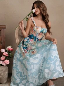 SHEIN Unity Long Floral Dress For Women Blue Boho Maxi Dress With Floral Print And Straps Neckline - Blue - View 6