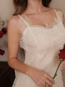 Savoree 米色优雅浪漫派对珍珠装饰腰部收紧甜美芭蕾舞风格女式短裙、婚礼宾客礼服、仙女裙、露肩 - 杏色 - 查看 6