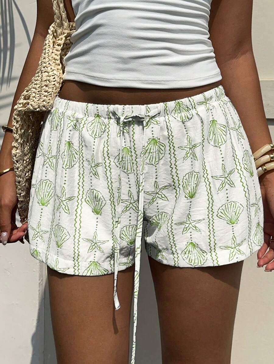 Aloruh Women's Beach Ocean Shell & Starfish Striped Button Belted Shorts, Spring/Summer - Green - View 1
