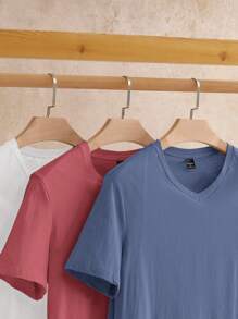 HIMLAND 3 Pcs Pack Men's Casual Solid Color Short Sleeve Knit T-Shirts, Suitable For Daily Wear Plain Tees Plain T Shirts V Neck Shirts