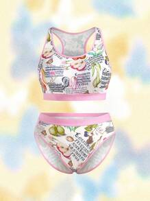 SHEIN Touch of Art Ensemble soutien-gorge et culotte grande taille avec imprimé lettres et fruits et garniture contrastée