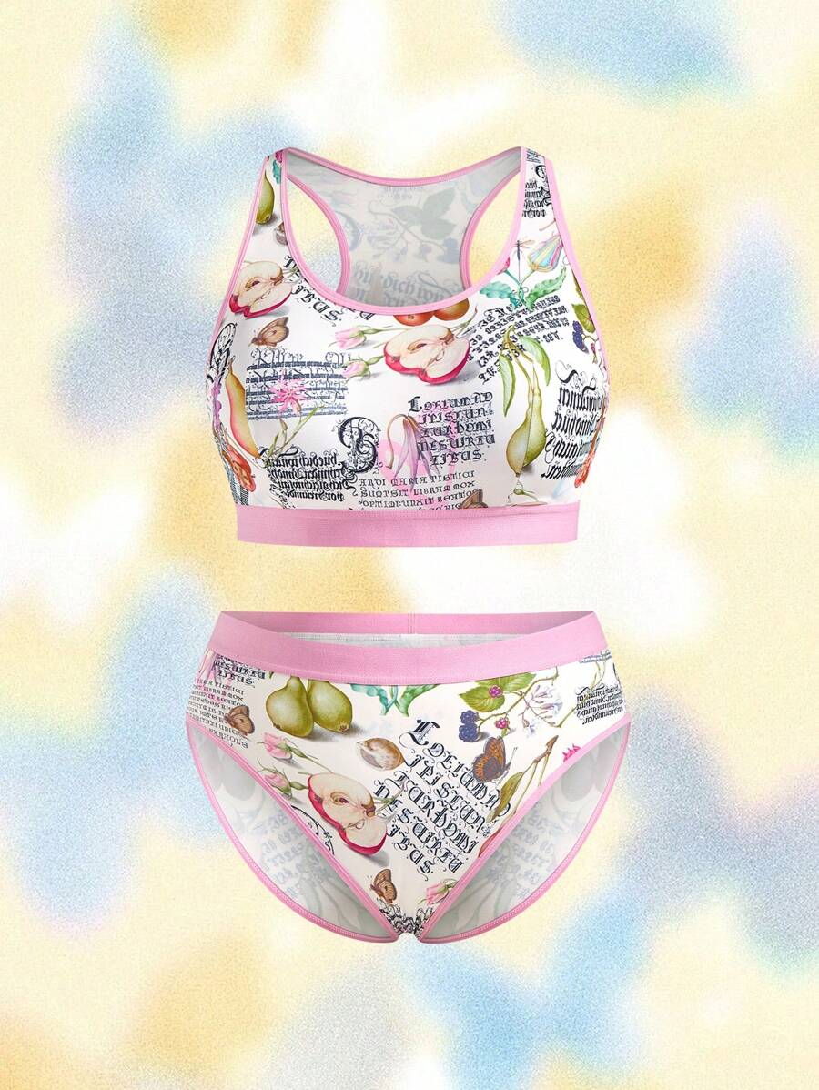 SHEIN Touch of Art Ensemble soutien-gorge et culotte grande taille avec imprimé lettres et fruits et garniture contrastée