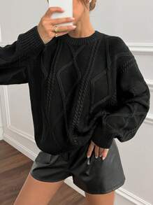 SHEIN Solid Color Twist Knit Crew Neck Casual Versatile Long Sleeve Pullover Sweater Knit Sweater Black Sweater Cable Knit Sweater,Jumper,Cream Jumper,Jumpers For Women,Jumpers,Womens Jumper,White Jumper,Women's Jumper,Women's Jumpers,Winter Clothes