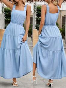Women's Fashion Front-Open Elegant Solid Color Waisted Long Dress - Light Wash - View 1