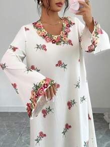 Yasmyna 女士红色印花V领拼接缎带饰边宽松长袖阿拉伯连衣裙 - 彩色 - 查看 1