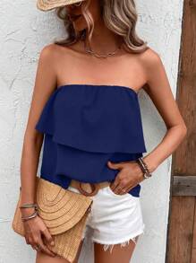 EMERY ROSE Women's Vacation Solid Color Ruffle Hem Bandeau Top - Navy Blue - View 5