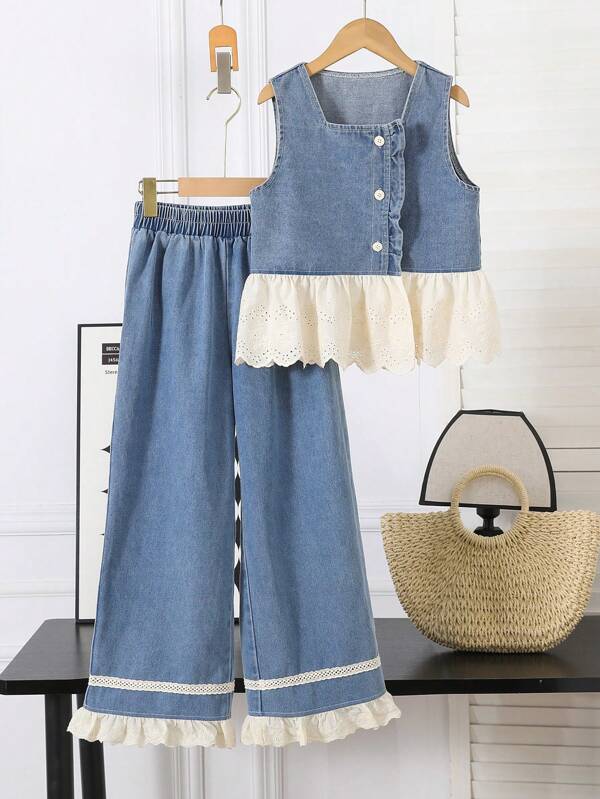 2pcs Set Tween GirlsVacation Casual Comfortable Design Denim Patchwork Embroidered Floral Trim Camisole Top And Pants