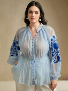 Anewsta 女士加大码刺绣系腰衬衫，优雅通勤休闲上衣