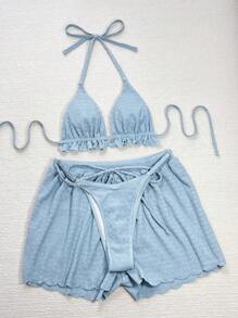 Swim Vcay Women's Summer Beach Solid Color Halter Tie Sexy Bikini Swimsuit Set With Shorts, Ruffle Trim, 3pcs/Set - Baby Blue - View 3