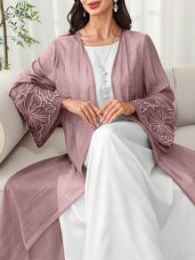 SHEIN Najma Arabic Style Floral Embroidery Open Front Abaya Robe With Beaded Cuffs, Lightweight For Spring/Summer - Dusty Pink - View 5