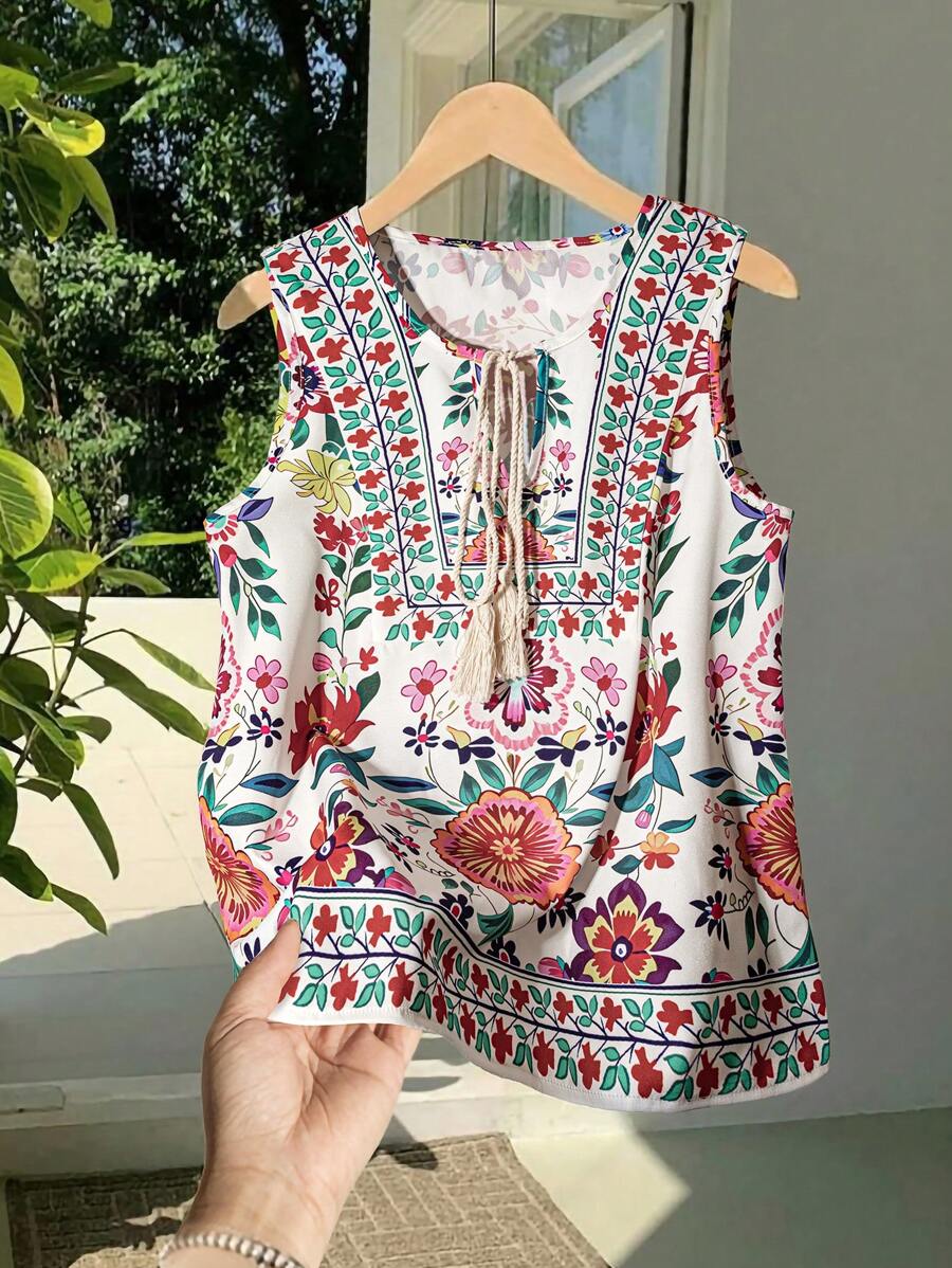 EMERY ROSE Camicetta senza maniche con stampa all-over e lacci anteriori, estiva, da donna