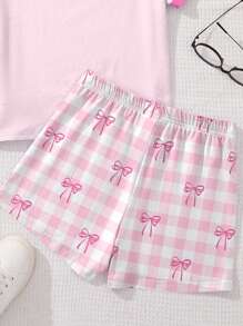 SHEIN 2pcs Tween Girl Pink Bowknot & Plaid Print Casual Short Sleeve Top & Shorts Set, Summer - Multicolor - View 5