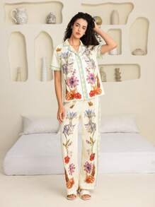 SHEIN Touch of Art 女士花卉印花翻领短袖衬衫和裤子睡衣套装，夏季 - 杏色 - 查看 5