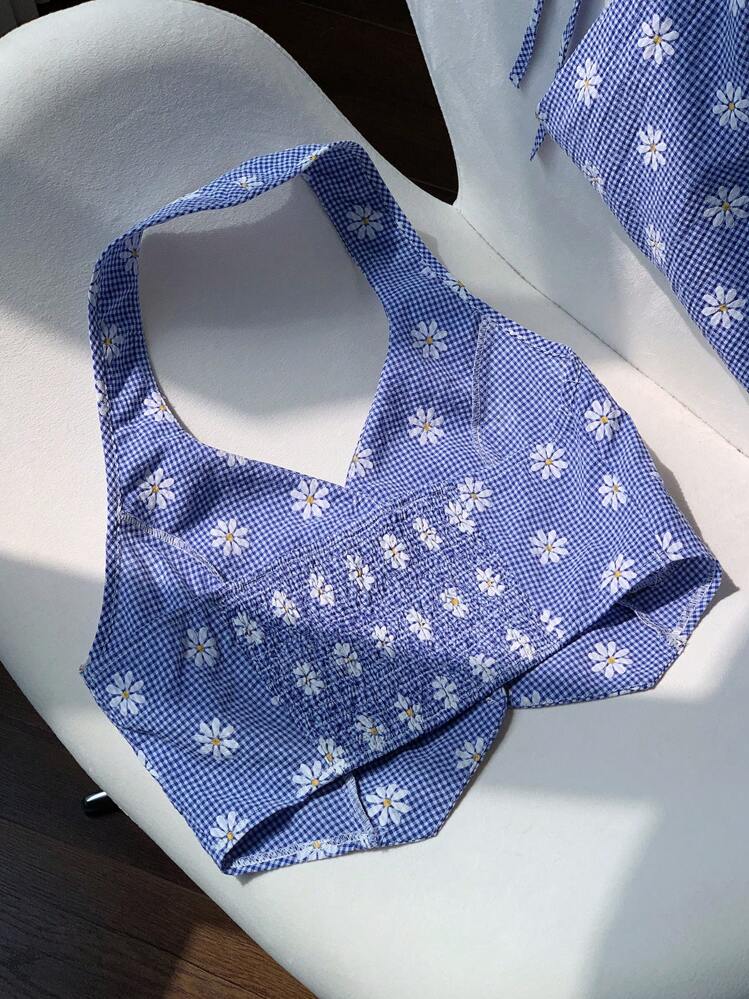 Comfortcana 2pcs/Set Plus Size Women Plaid Floral Print Halter Top And Pants,Holiday Outfits Boho - Blue - View 2