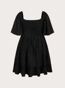 SHEIN BASICS Plus Size Solid Color Woven Sweetheart Collar Short Sleeve Casual Dress - Black - View 2