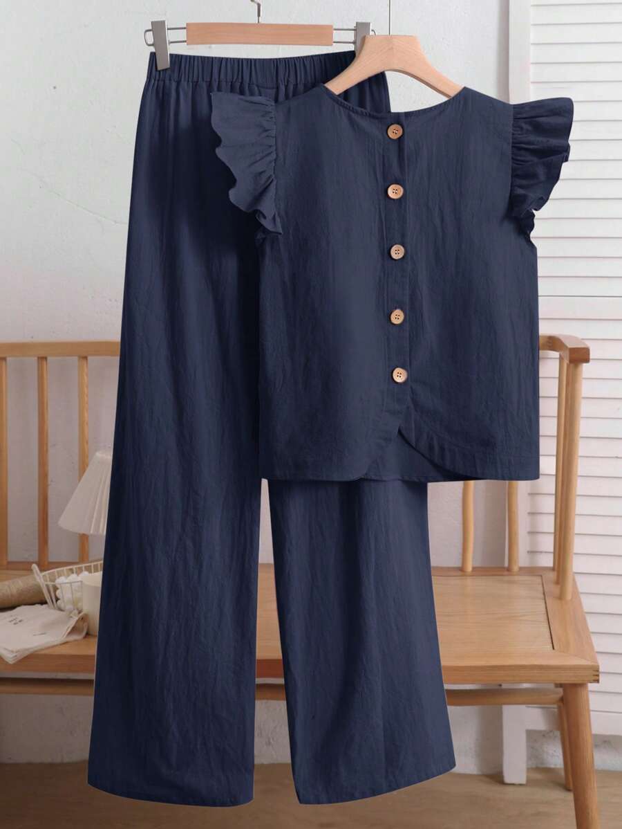 SHEIN Everyday Casual Navy Blue Two-Piece Set With Short Ruffle Sleeve Blouse And Pants - Navy Blue - View 1