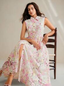 Anewsta 优雅水溶性蕾丝花边印花翻领经典单排扣束腰无袖连衣裙，适合春夏季女士 - 彩色 - 查看 3